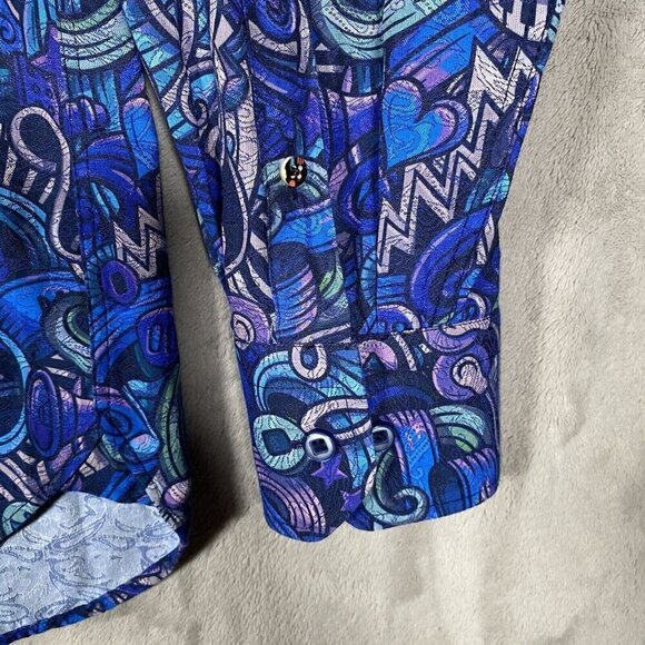 Gene Hiller Shirt Musical Eclectic Printed Jazz Musician Blue Colorful Sz Large - Picture 8 of 13